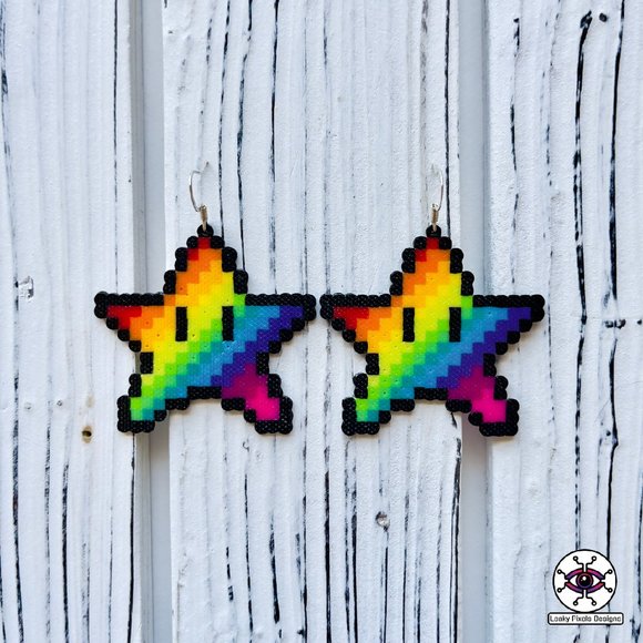 Rainbow Mario Star Earrings - Picture 1 of 3